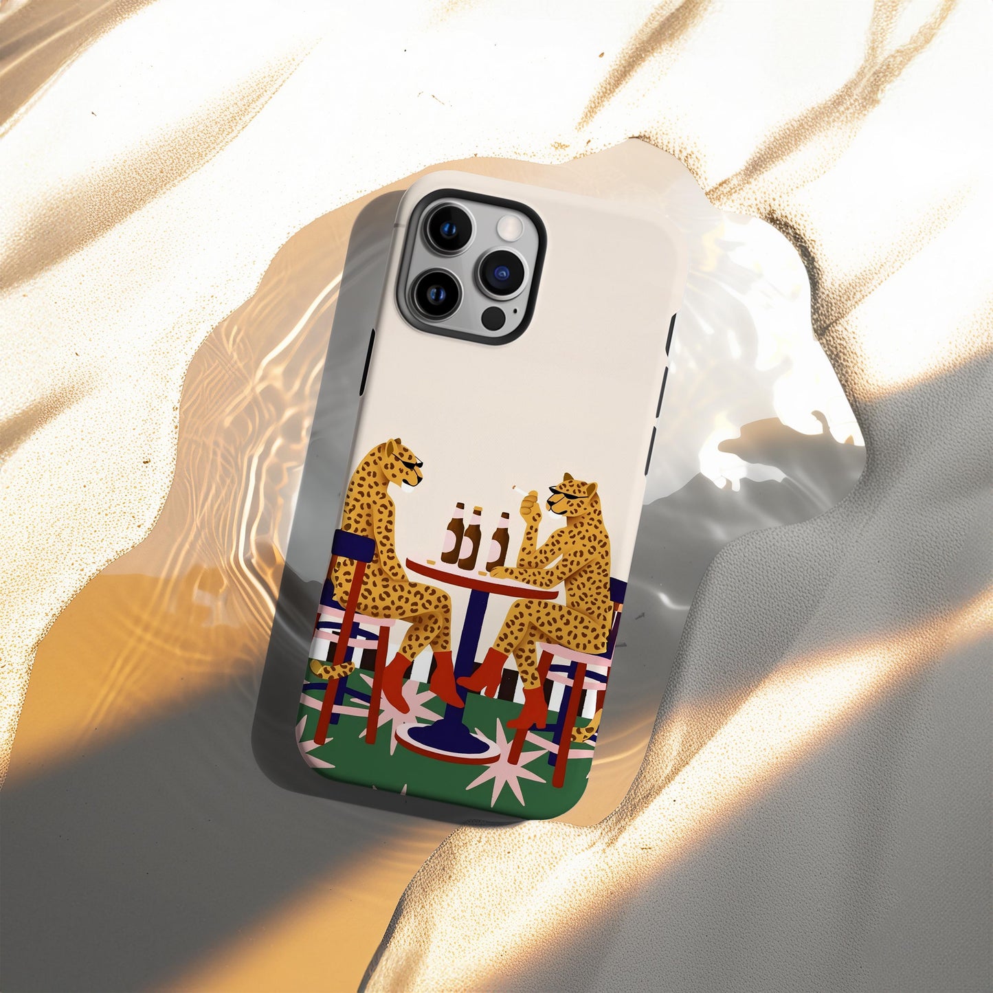 Leopard Cafe Illustration Phone Case, Whimsical Animal Art Cover, Playful Retro Bistro Scene