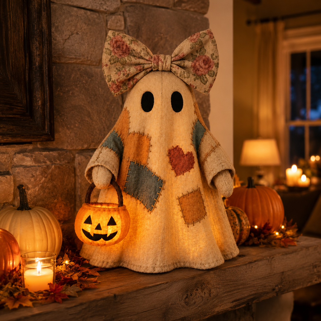 🔥 FLASH SALE - 👻🎃 Light-Up Patchwork Ghost with LED Jack-o'-Lantern Basket-YH