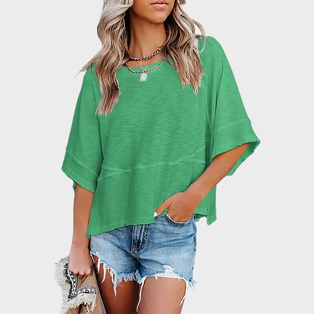 Panel Solid Color Flared Sleeve T-Shirt -JX