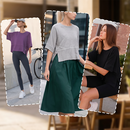 Panel Solid Color Flared Sleeve T-Shirt -JX