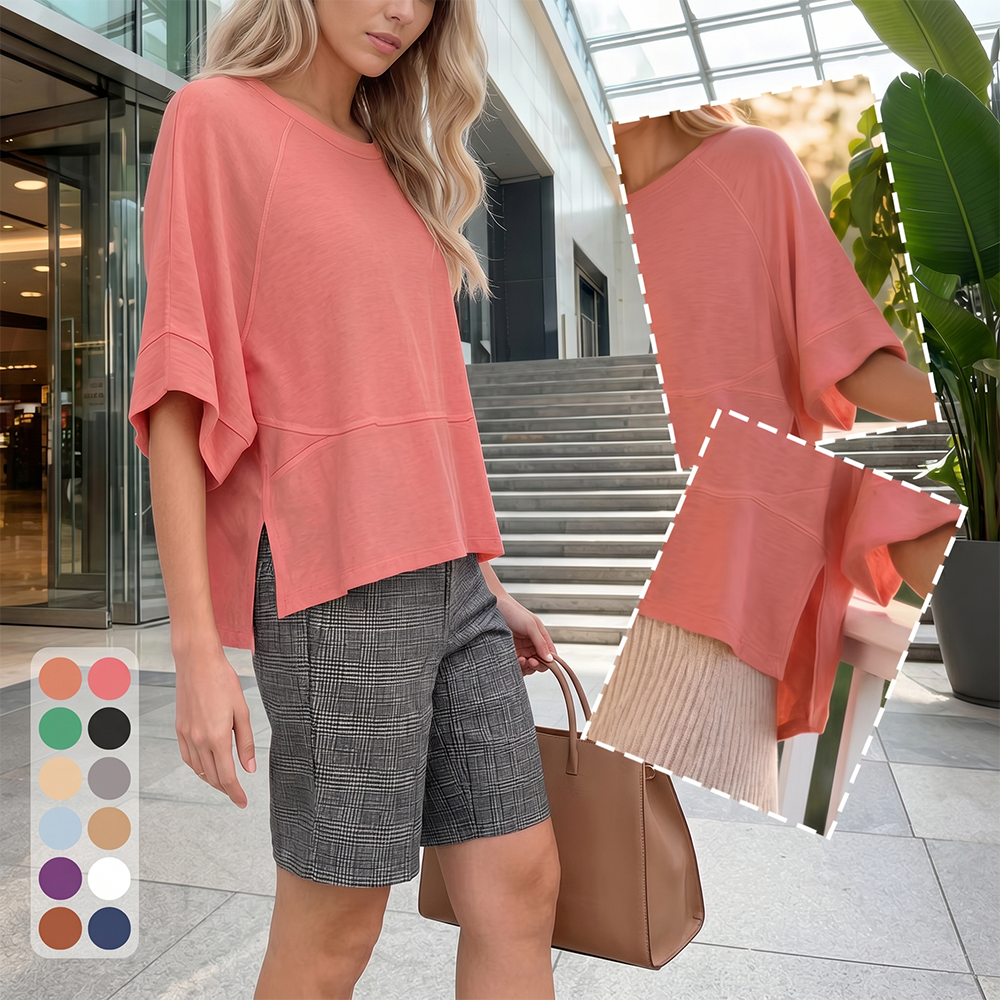Panel Solid Color Flared Sleeve T-Shirt -JX