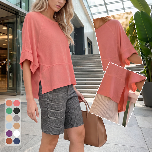 Panel Solid Color Flared Sleeve T-Shirt -JX