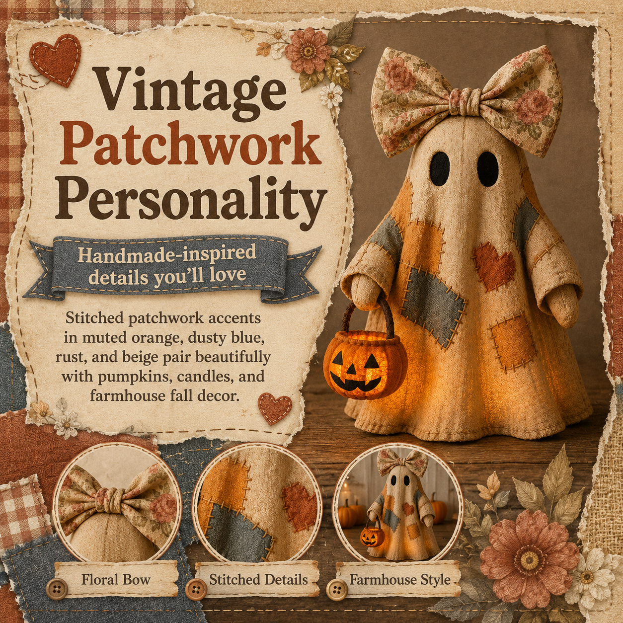 🔥 FLASH SALE - 👻🎃 Light-Up Patchwork Ghost with LED Jack-o'-Lantern Basket-YH