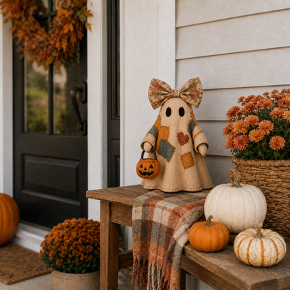🔥 FLASH SALE - 👻🎃 Light-Up Patchwork Ghost with LED Jack-o'-Lantern Basket-YH