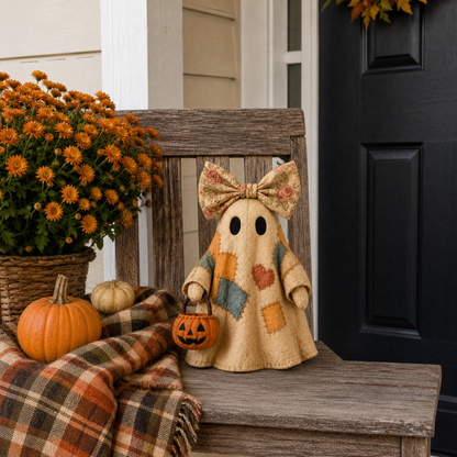 🔥 FLASH SALE - 👻🎃 Light-Up Patchwork Ghost with LED Jack-o'-Lantern Basket-YH
