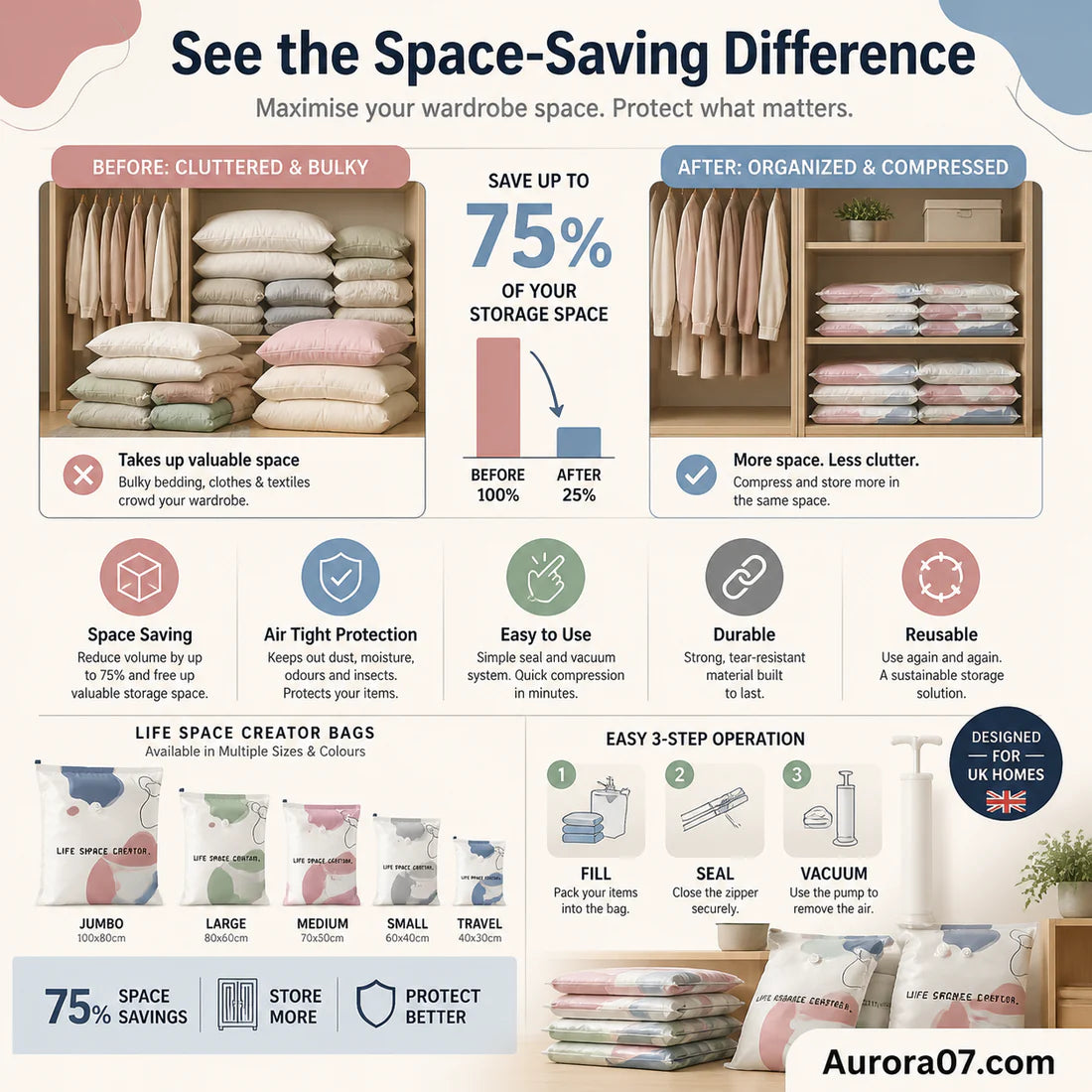 🧳No‑Pump Vacuum Storage Bags – Press & Seal, No Pump Needed. Saves 80% Space, Keeps Clothes Dry & Dust‑Free-ZGD