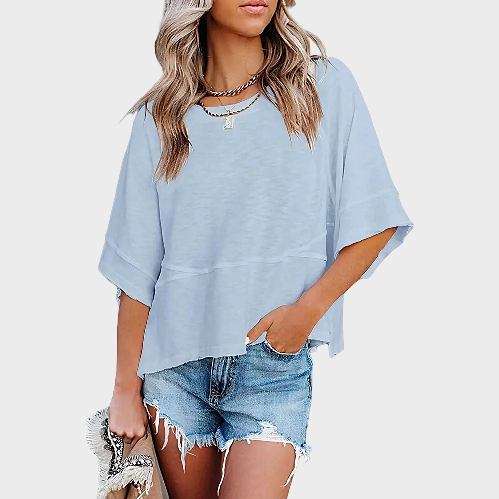 Panel Solid Color Flared Sleeve T-Shirt -JX