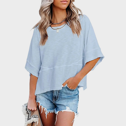 Panel Solid Color Flared Sleeve T-Shirt -JX