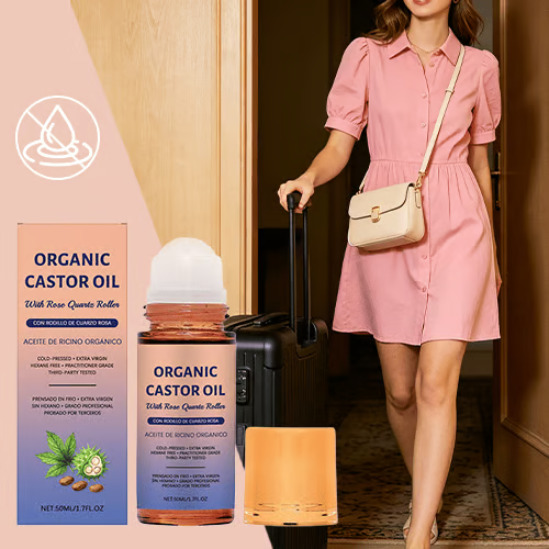 Organic Golden Castor Oil Roll-On with Rose Quartz – Cooling, Less-Mess Care for Skin, Hair & Nails-CW