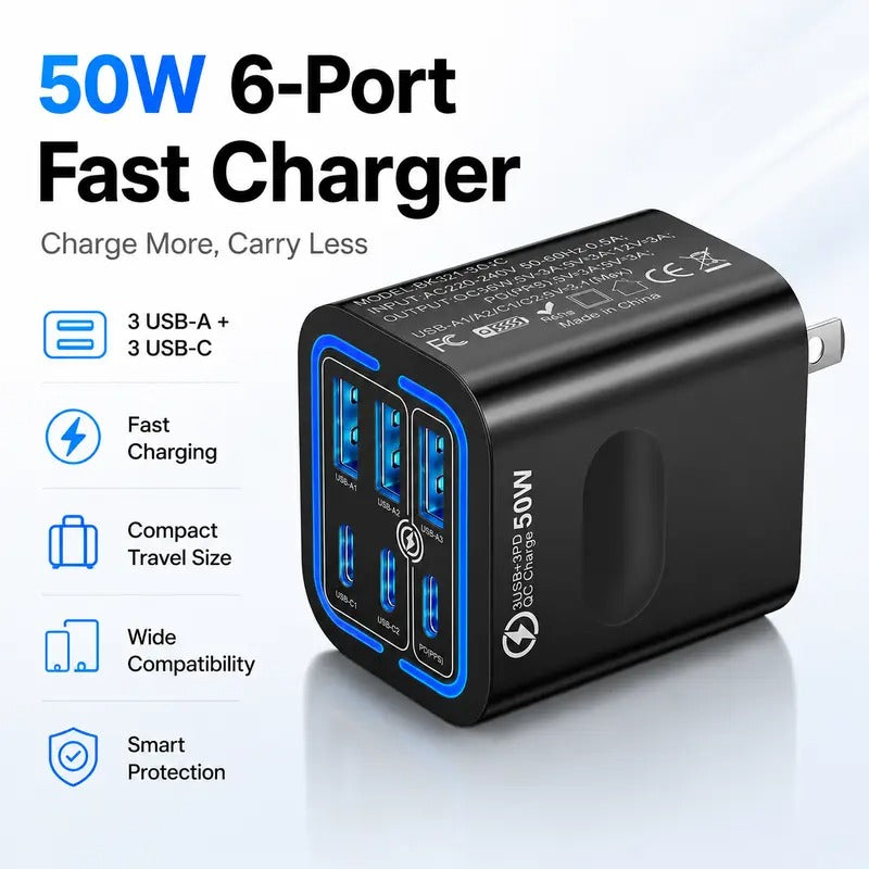 Portable Multi Port Charging Station 50W, 6-Port USB C & USB A,Adapter Cube Plug for Phone ,for iPad-CW