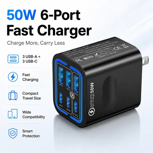 Portable Multi Port Charging Station 50W, 6-Port USB C & USB A,Adapter Cube Plug for Phone ,for iPad-CW