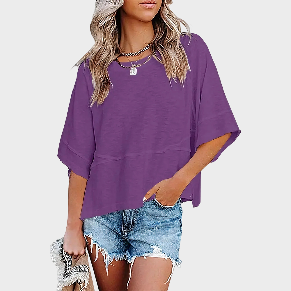 Panel Solid Color Flared Sleeve T-Shirt -JX