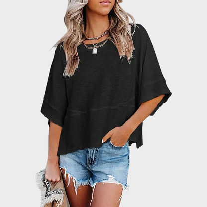 Panel Solid Color Flared Sleeve T-Shirt -JX