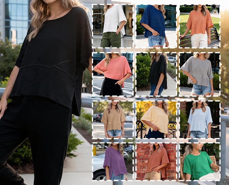 Panel Solid Color Flared Sleeve T-Shirt -JX