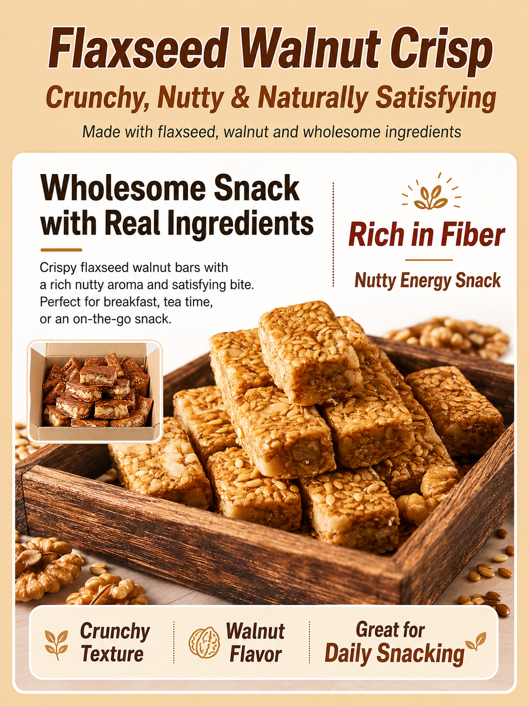 Natural Flaxseed Walnut Crisp - High-Fiber Omega-3 Healthy Snack for Whole Family-CW