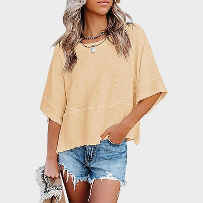 Panel Solid Color Flared Sleeve T-Shirt -JX