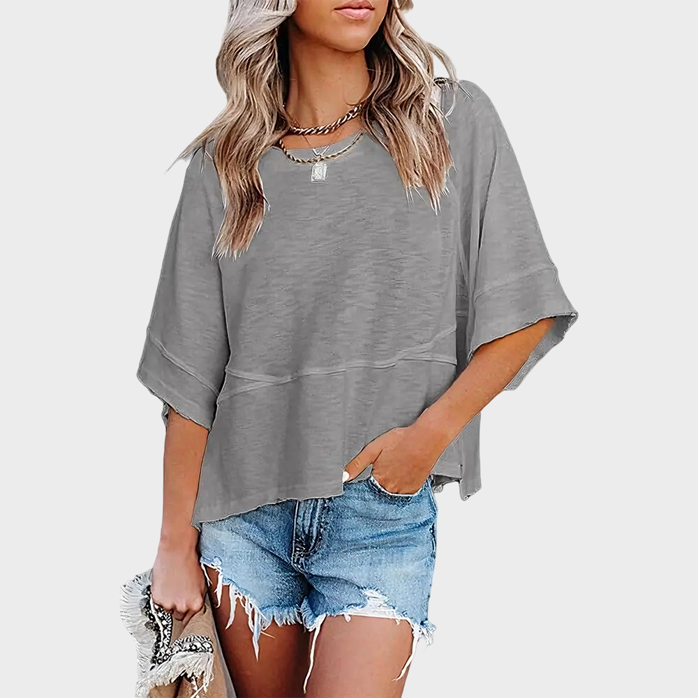 Panel Solid Color Flared Sleeve T-Shirt -JX