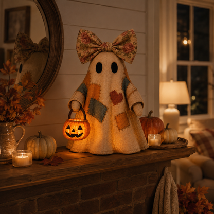 🔥 FLASH SALE - 👻🎃 Light-Up Patchwork Ghost with LED Jack-o'-Lantern Basket-YH