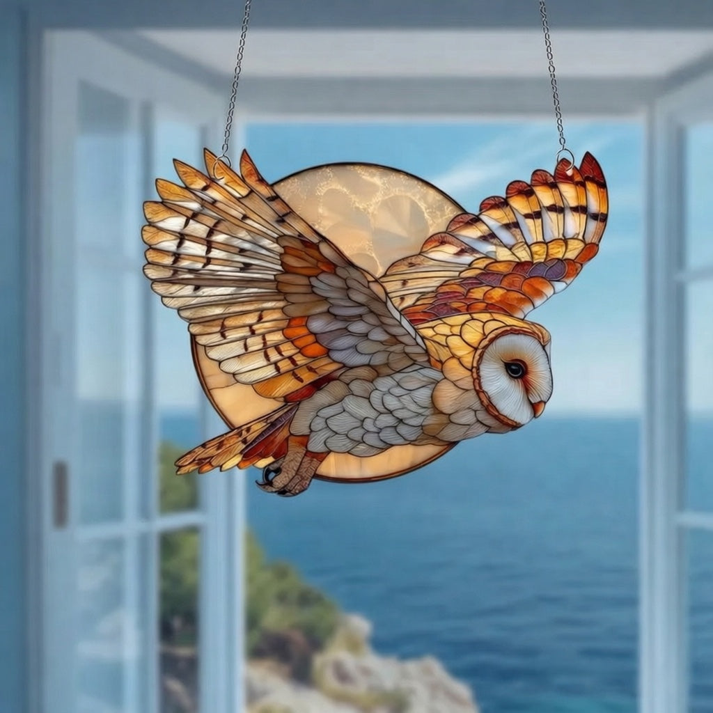 Owl & Moon Acrylic Window Hanging – Stained Glass Style Flying Owl Ornament for Home, Car & Gift Decor-JX