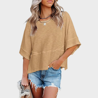 Panel Solid Color Flared Sleeve T-Shirt -JX