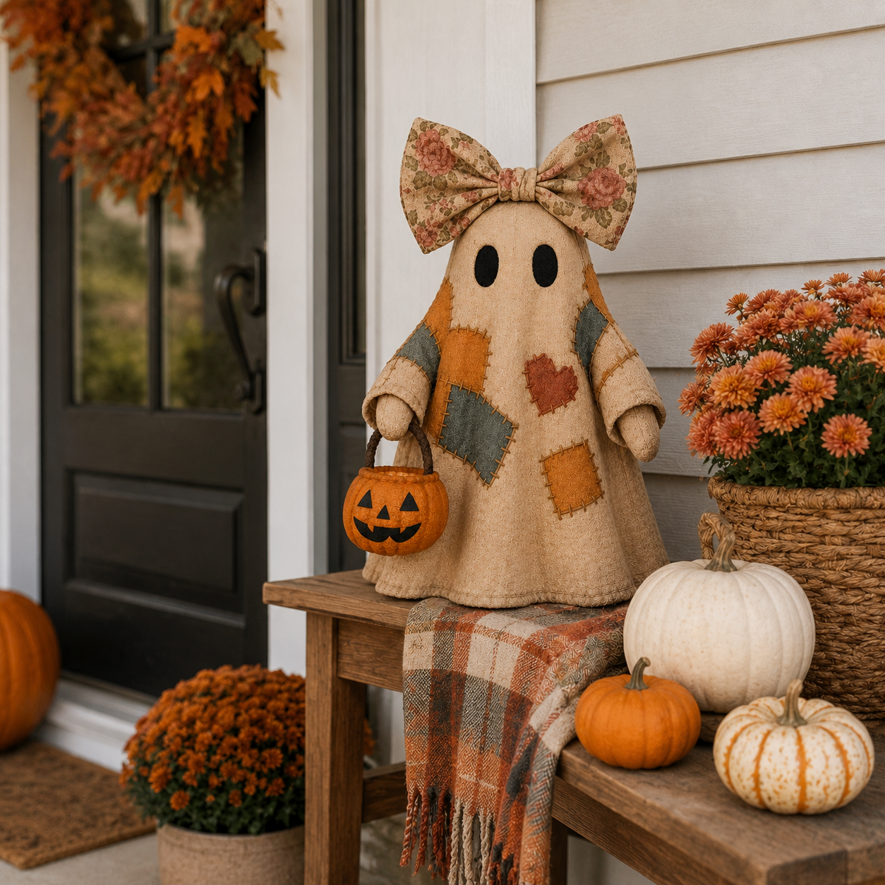 🔥 FLASH SALE - 👻🎃 Light-Up Patchwork Ghost with LED Jack-o'-Lantern Basket-YH