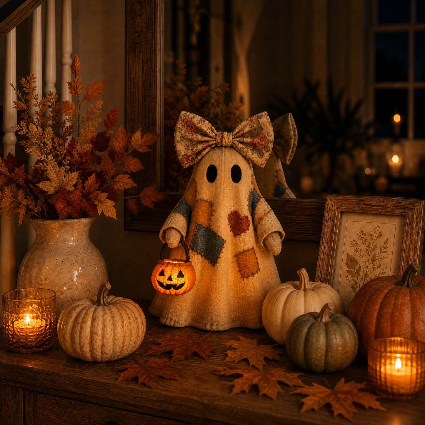 🔥 FLASH SALE - 👻🎃 Light-Up Patchwork Ghost with LED Jack-o'-Lantern Basket-YH