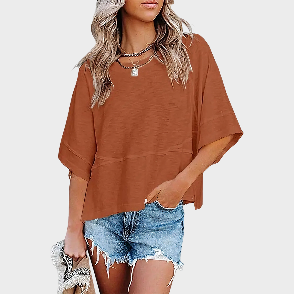 Panel Solid Color Flared Sleeve T-Shirt -JX