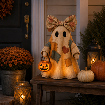 🔥 FLASH SALE - 👻🎃 Light-Up Patchwork Ghost with LED Jack-o'-Lantern Basket-YH