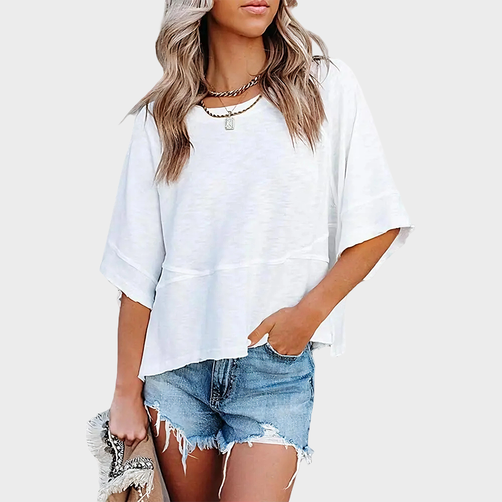 Panel Solid Color Flared Sleeve T-Shirt -JX