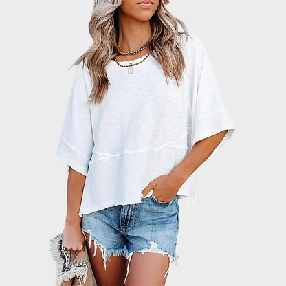 Panel Solid Color Flared Sleeve T-Shirt -JX