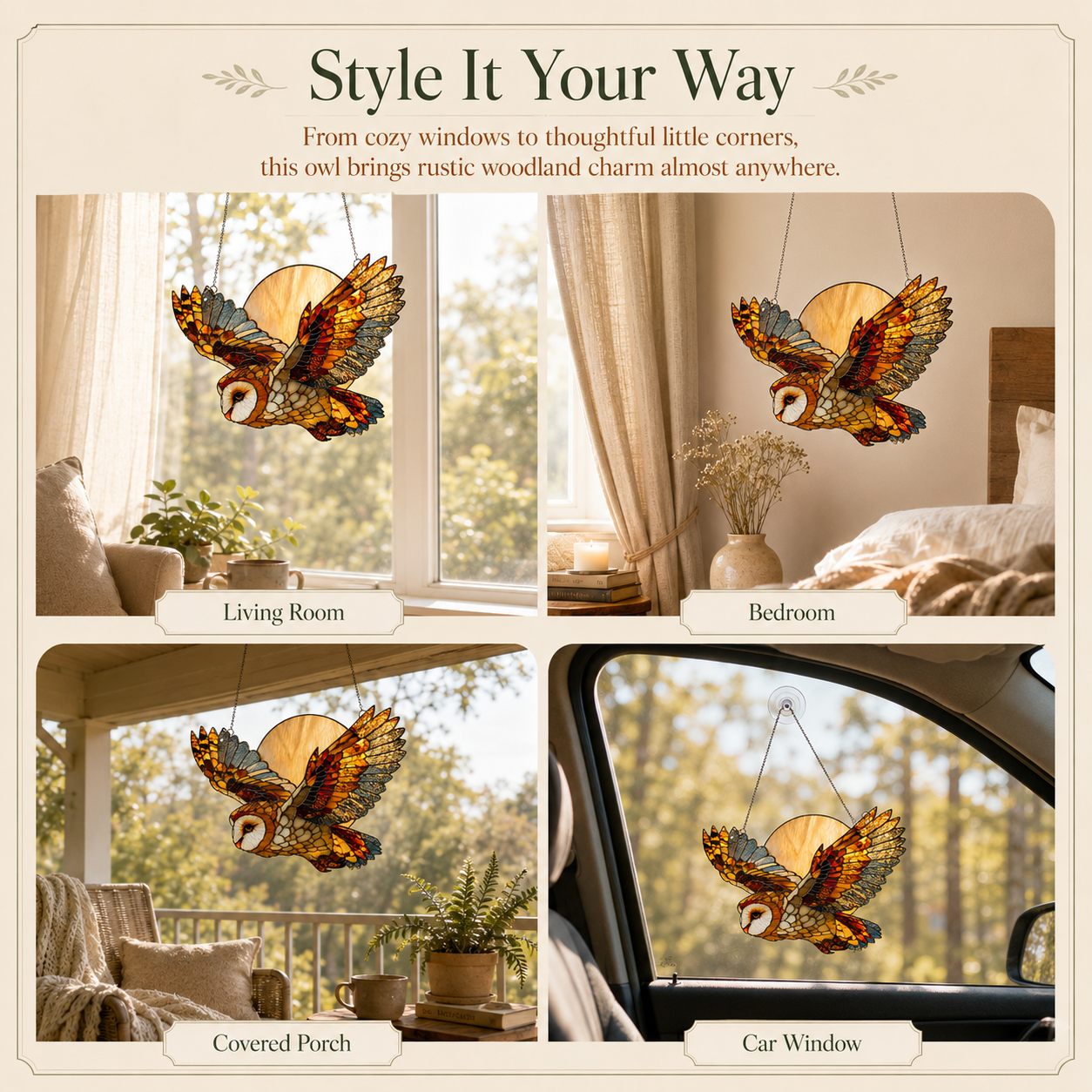 Owl & Moon Acrylic Window Hanging – Stained Glass Style Flying Owl Ornament for Home, Car & Gift Decor-JX