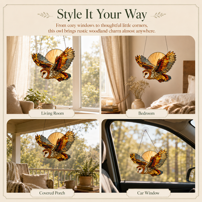 Owl & Moon Acrylic Window Hanging – Stained Glass Style Flying Owl Ornament for Home, Car & Gift Decor-JX