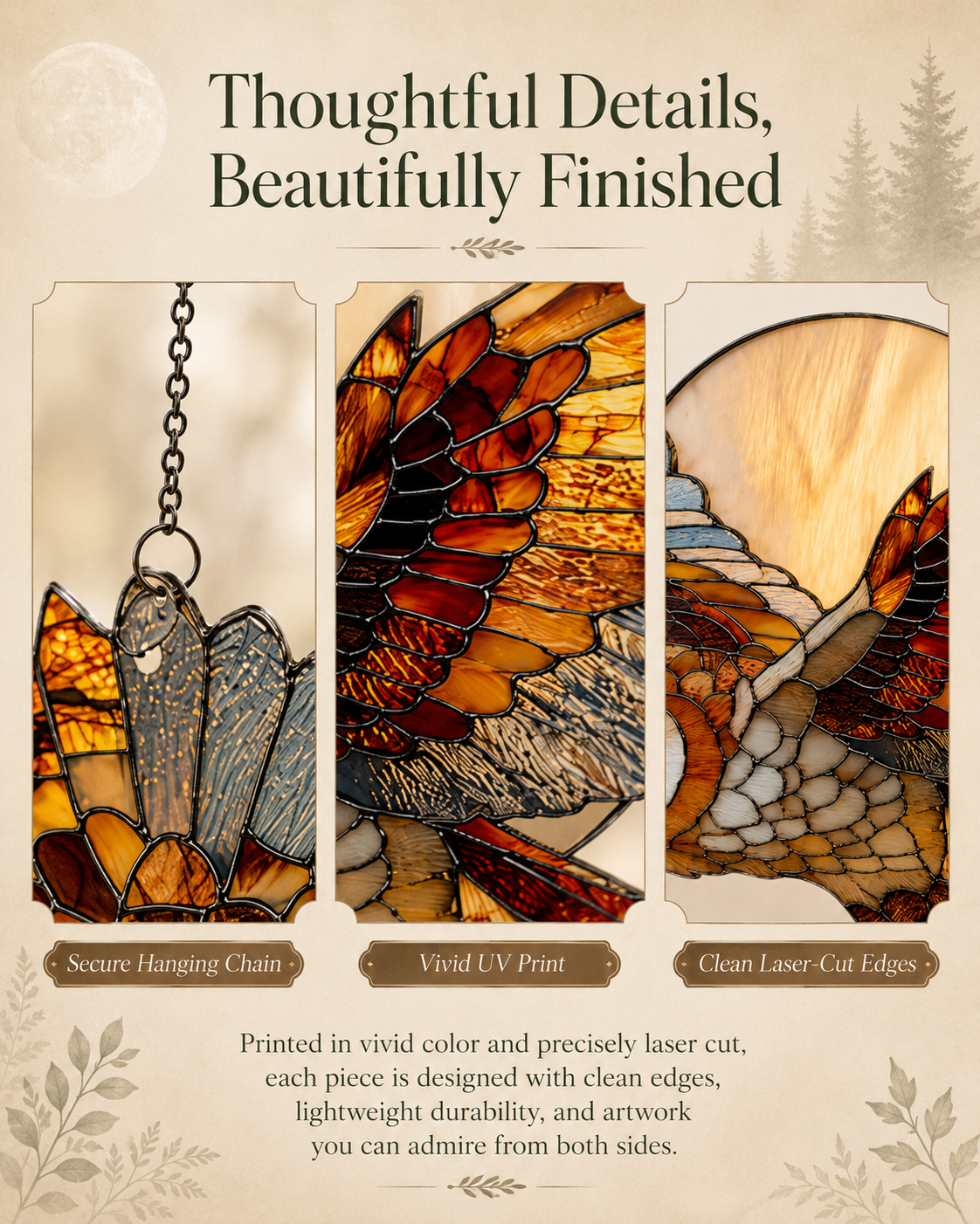Owl & Moon Acrylic Window Hanging – Stained Glass Style Flying Owl Ornament for Home, Car & Gift Decor-JX