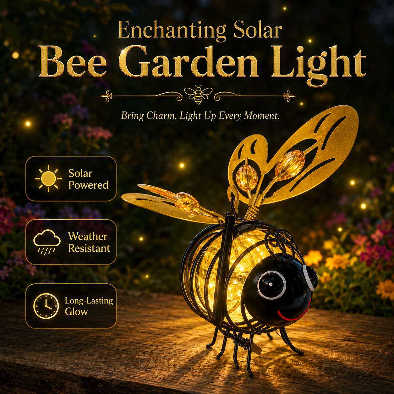 Solar Powered Bee Garden Lantern 🐝 | Weatherproof Outdoor Light with 6–12H Warm Glow-YH