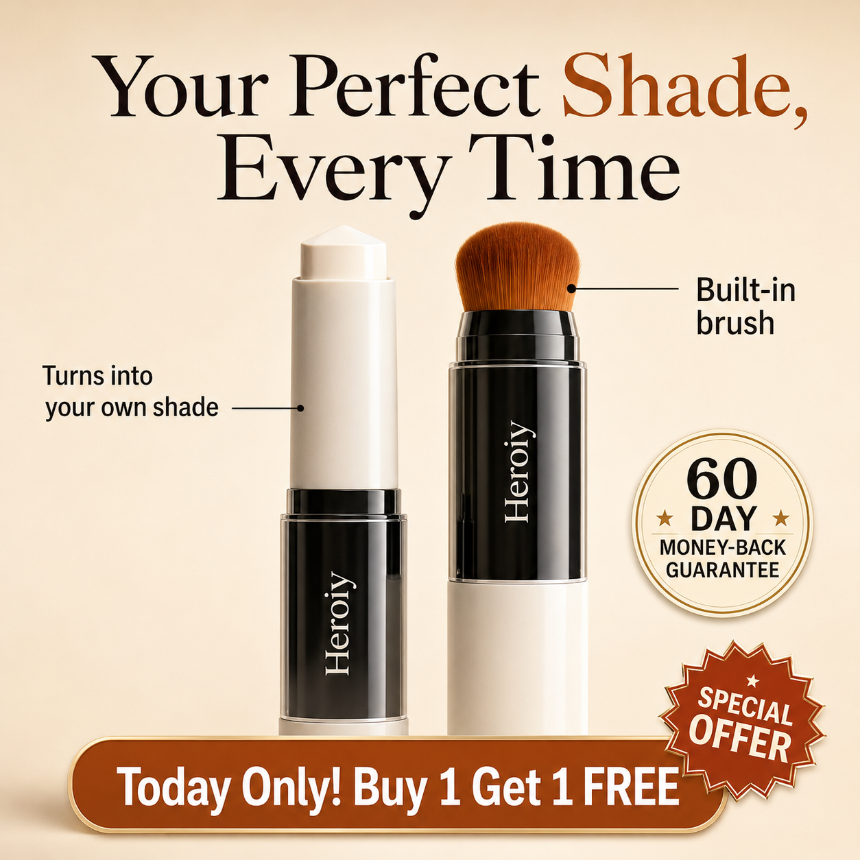 💄 Korean Color-Changing Foundation Stick – Dewy Glass Skin Makeup with Skincare Ingredients & Dual Brush Applicator-YH