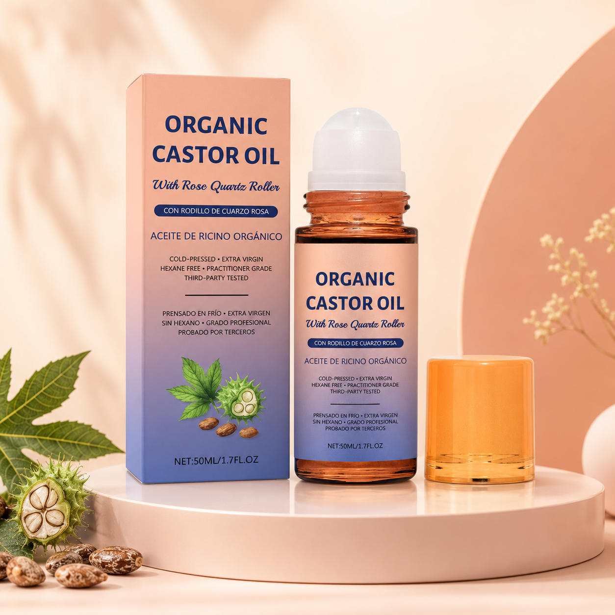 Organic Golden Castor Oil Roll-On with Rose Quartz – Cooling, Less-Mess Care for Skin, Hair & Nails-CW
