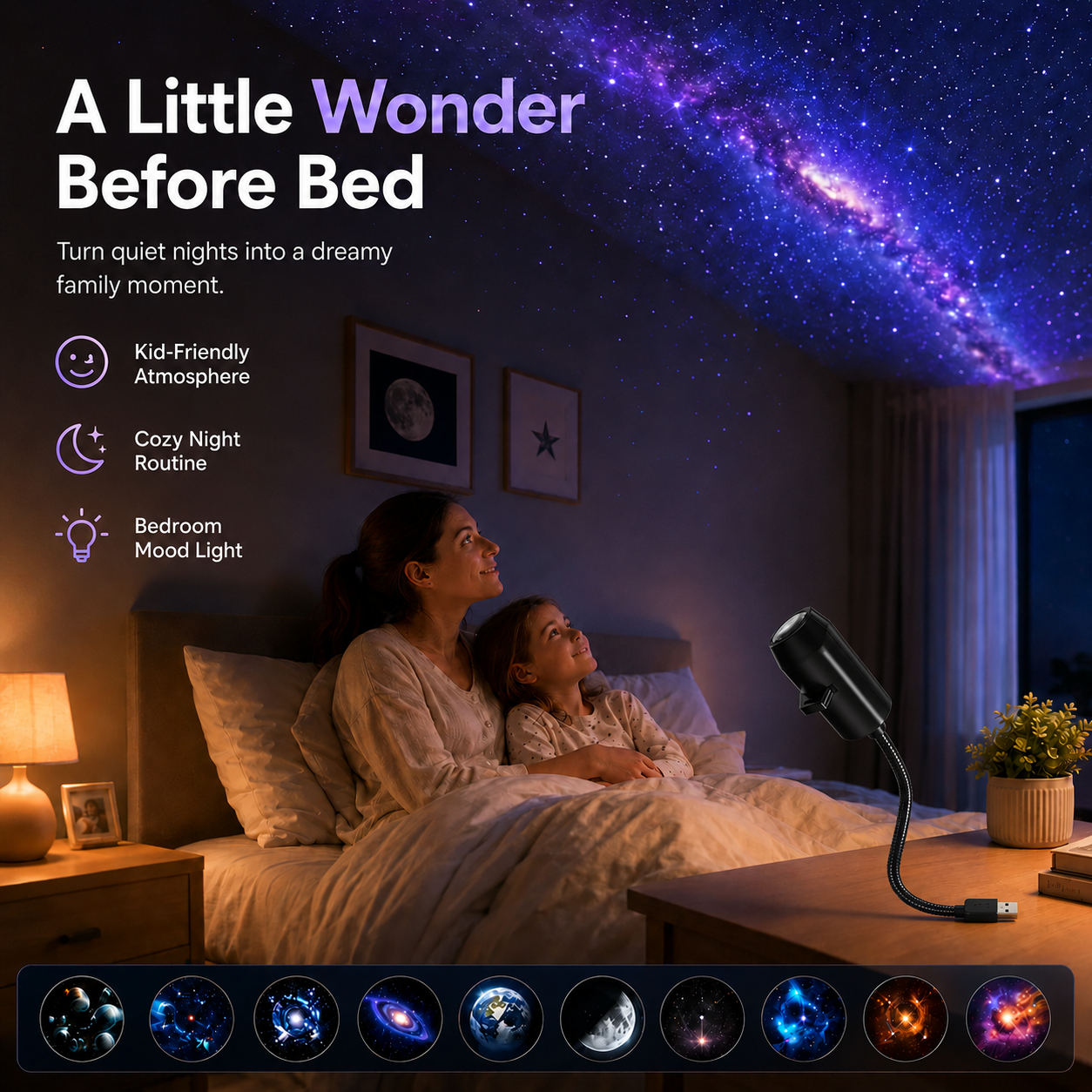 Plug-and-Play HD Star Projector – 12 Galaxy & Planet Scenes-CW