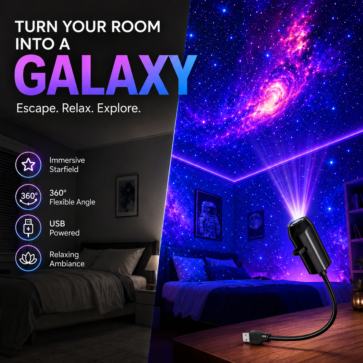 Plug-and-Play HD Star Projector – 12 Galaxy & Planet Scenes-CW