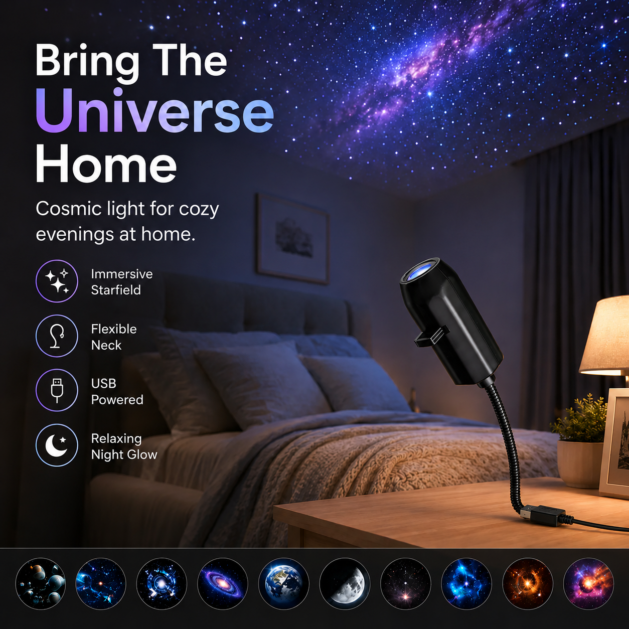 Plug-and-Play HD Star Projector – 12 Galaxy & Planet Scenes-CW