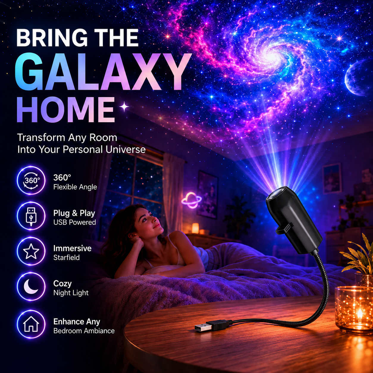 Plug-and-Play HD Star Projector – 12 Galaxy & Planet Scenes-CW