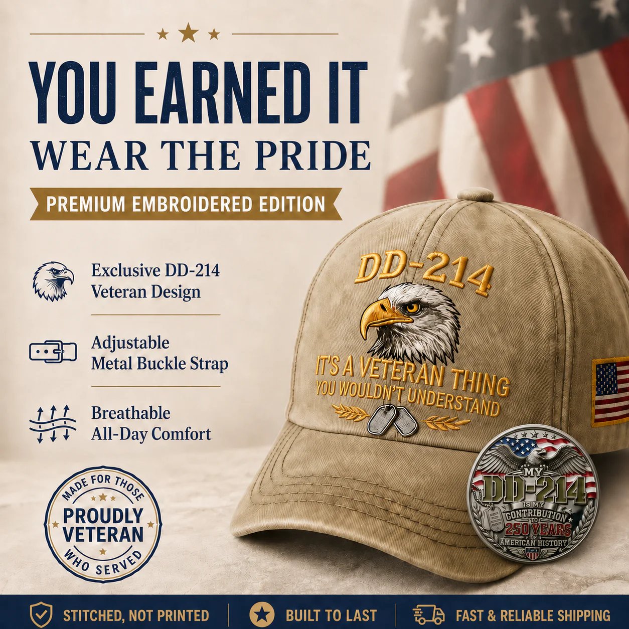 DD-214 Veteran 3D Embroidered Cap - “IT'S A VETERAN THING YOU WOULDN'T UNDERSTAND”🎁 Free Honor Coin With Every Cap Purchase-YH