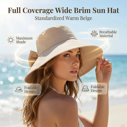 Women's Bowknot Wide Brim Sun Protective Hat-YH