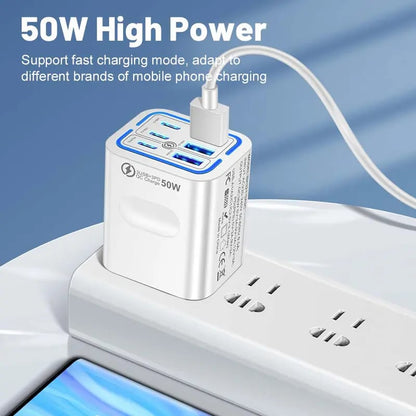 Portable Multi Port Charging Station 50W, 6-Port USB C & USB A,Adapter Cube Plug for Phone ,for iPad-CW