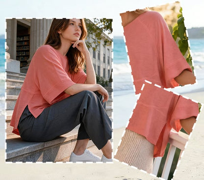 Panel Solid Color Flared Sleeve T-Shirt -JX