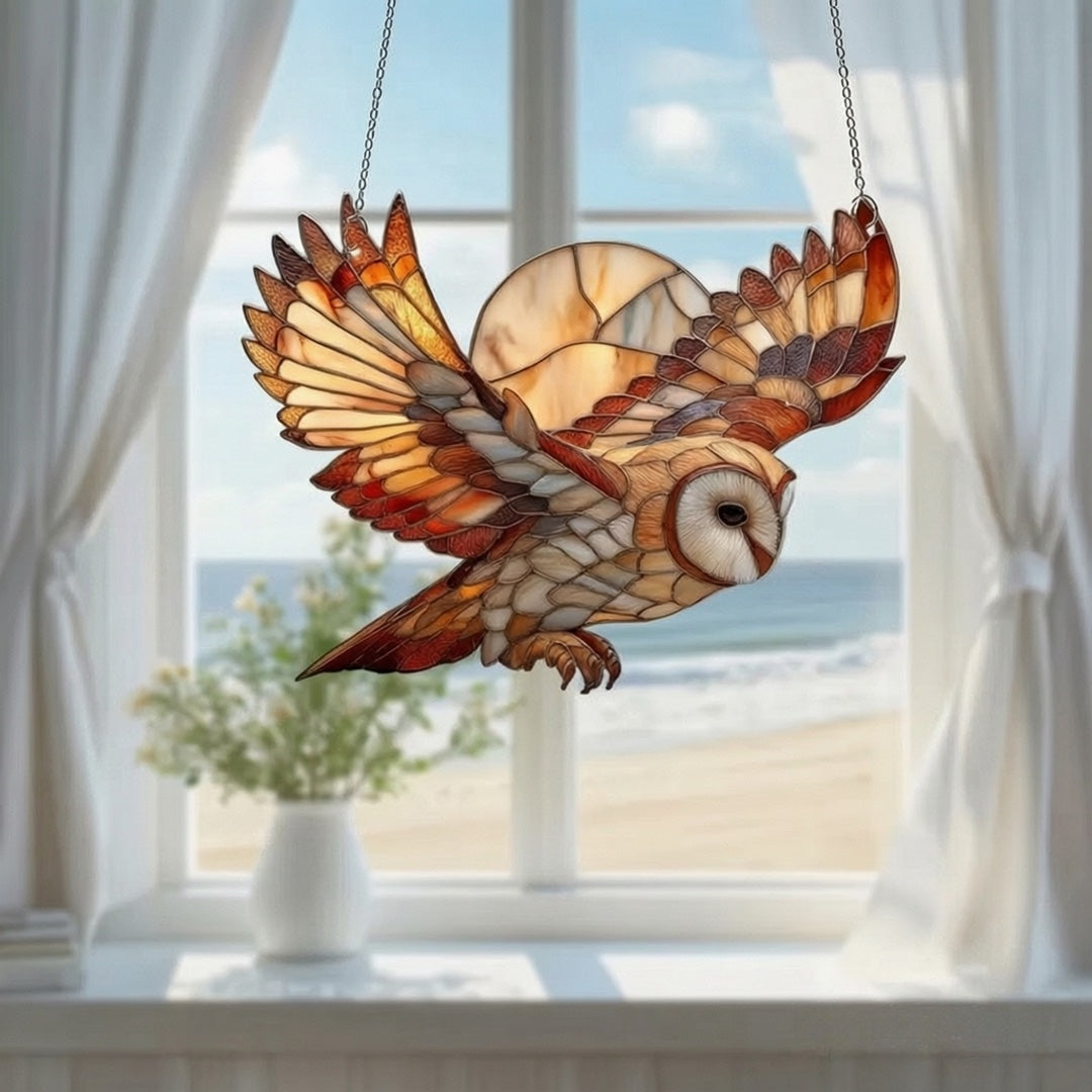 Owl & Moon Acrylic Window Hanging – Stained Glass Style Flying Owl Ornament for Home, Car & Gift Decor-JX
