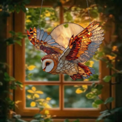 Owl & Moon Acrylic Window Hanging – Stained Glass Style Flying Owl Ornament for Home, Car & Gift Decor-JX