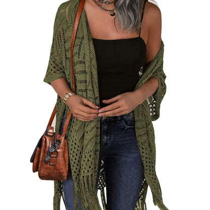 Womens Knit Cardigan Oversized Open Front Outwear New Spring & Summer Hollow Out Crochet Tassel Lightweight Kimonos Sweater Outdoorfun 2026 Womenswear Overall Style Knitwear Piece Tops thin-ZGD
