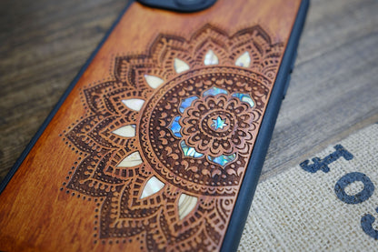 Floral Symmetry Half Mandala Lace Art – Hand-Inlaid Wood & Mother of Pearl Phone Case Compatible with iPhone, Samsung Galaxy & Google Pixel