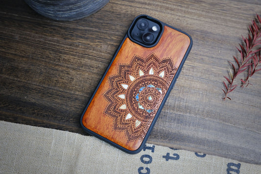 Floral Symmetry Half Mandala Lace Art – Hand-Inlaid Wood & Mother of Pearl Phone Case Compatible with iPhone, Samsung Galaxy & Google Pixel