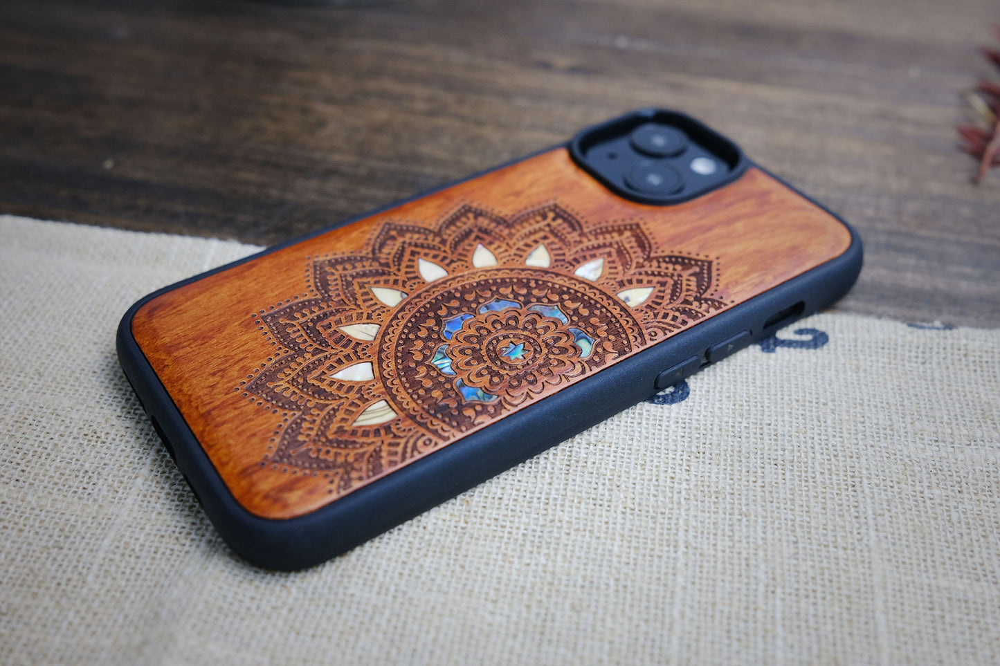 Floral Symmetry Half Mandala Lace Art – Hand-Inlaid Wood & Mother of Pearl Phone Case Compatible with iPhone, Samsung Galaxy & Google Pixel